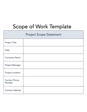 Blank project scope template featuring labeled sections for project title, date, company name, project manager, project location, contact phone number, and contact address.