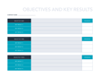 A structured template for setting and tracking objectives and key results, featuring sections for three objectives, each with corresponding key results and progress indicators.