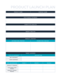 A structured template for a product launch plan, featuring sections for product name, company name, positioning statement, competitive analysis, market analysis, product strategy, target audience, and top-line messaging, all presented in a clear, organize