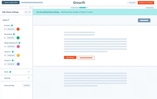 Interface do editor WYSIWYG mostrando configurações do tema