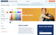 A young person with short pink hair is smiling while holding a yellow telephone, sitting against a bright orange background, surrounded by colorful theme editing options on a website layout.