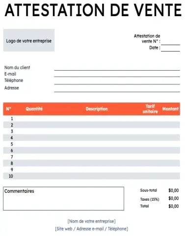 modèle d'attestation de vente