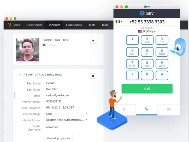 automated cold calling system, image showing using toky to make calls inside hubspot