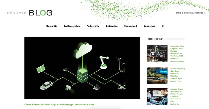 seagate blog homepage displaying articles on the side
