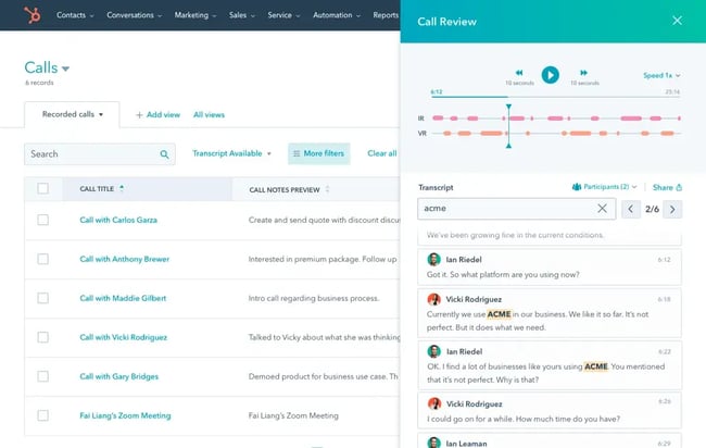 HubSpot Sales software showing call review feature
