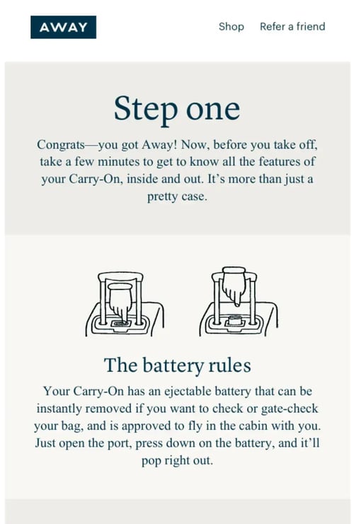 Away sends a post-demo email with instructions on product handling.