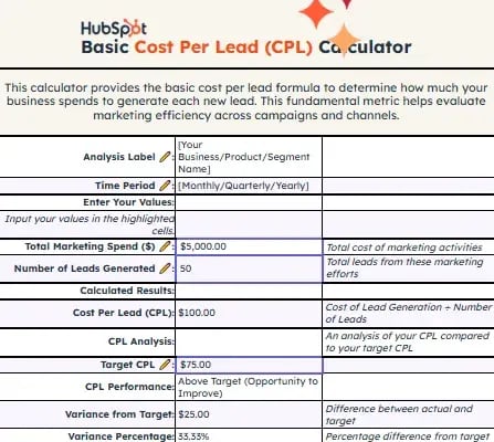 b2b cost per lead benchmarks, hubspot¡¯s basic cost per lead calculator
