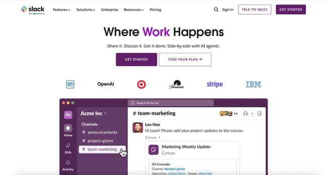 b2b landing page example, slack