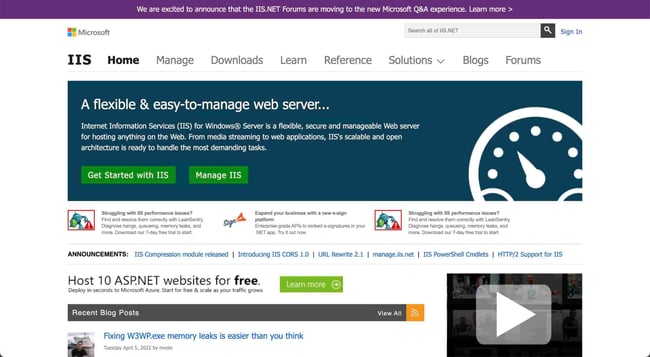 backend tools: Build .net applications on Microsofts own Microsoft IIS Web server, specifically for Windows. image shows the Microsoft IIS homepage. 