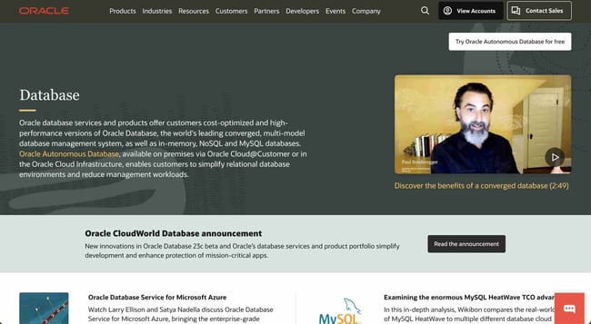 back end tools: Oracle. Oracle is a database for back-end developers that offers on-site and cloud-based databases. image shows oracle's database homepage. 