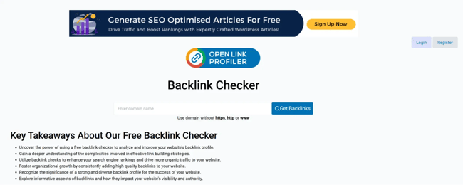 screenshot from openlinkprofiler’s free backlink checker, which is a tried and tested tool to help with backlink strategies.