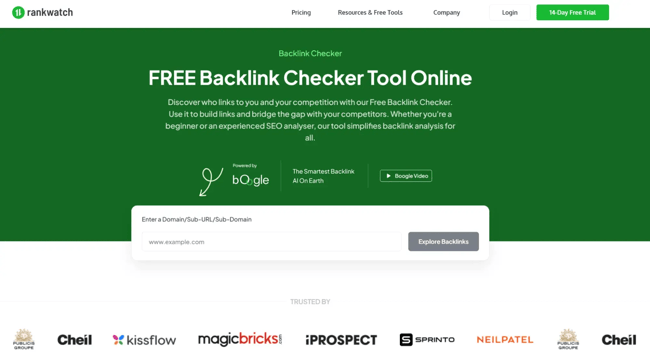 screenshot of RankWatch backlink checker
