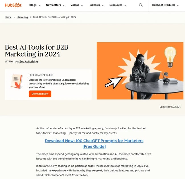 backlink strategies: screenshot from hubspot article shows a “best ai tools” article to show the type of article that earns citations.