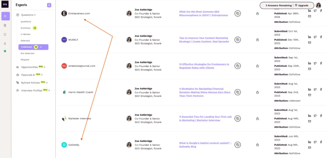a screenshot from my featured account shows successful backlink strategies, as i am featured in notable publications, including godaddy and entrepreneur.