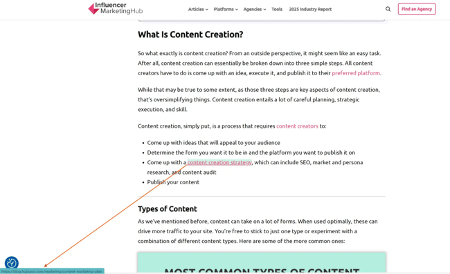 backlink strategies: screenshot shows that hubspot’s guide to content marketing, which has over 30,000 backlinks from over 5,000 domains, is linked from inline links in relevant third-party content.