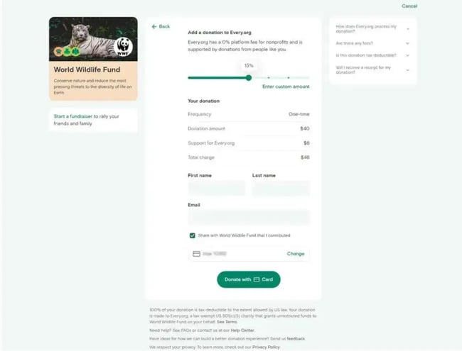bad website design examples, adding card earlier to improve flow for donations at every.org