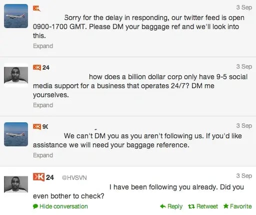 Example of bad customer service, ignoring customer feedback on social