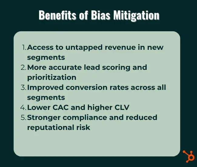 benefits of bias mitigation, access to untapped revenue in new segments, more accurate lead scoring, improved conversion rates, lower cac and higher clv, stronger compliance and reduced reputational risk