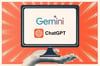 graphic of a hand holding a computer that has the google gemini and chatgpt logos on the screen