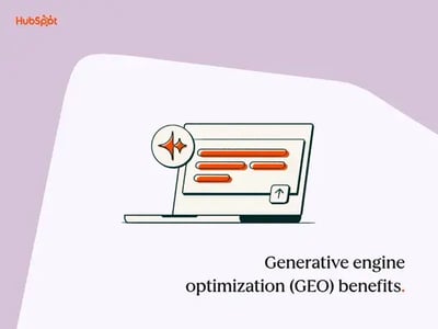  a hubspot-branded featured image with a pastel pink background and a light pink geometric shape in the foreground, with the words “generative engine optimization benefits” in the bottom righthand corner and a pictogram image in the center