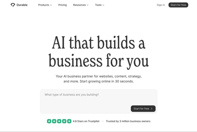 best ai website builder for beginners, the durable ai website builder homepage