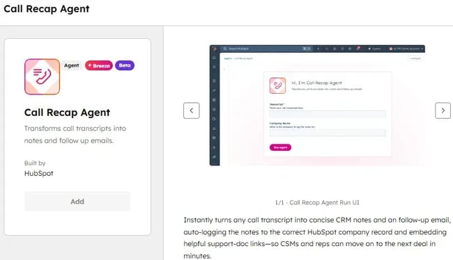 best meeting management software - HubSpot call recap agent