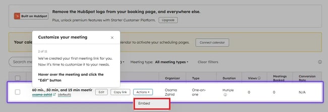 best meeting management software for sales teams, HubSpot meetings management - embedding meeting links