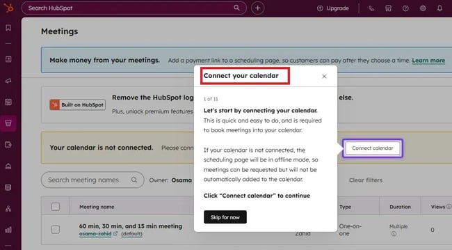 best meeting management software for sales teams, HubSpot meetings management tool - setting up your calendar