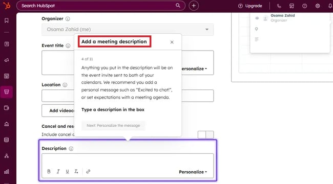 best meeting management software for sales teams, HubSpot sales meeting management software - adding a meetings description