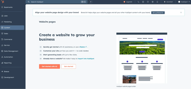 best website builder for aeo — HubSpot Content Hub interface showing AEO features