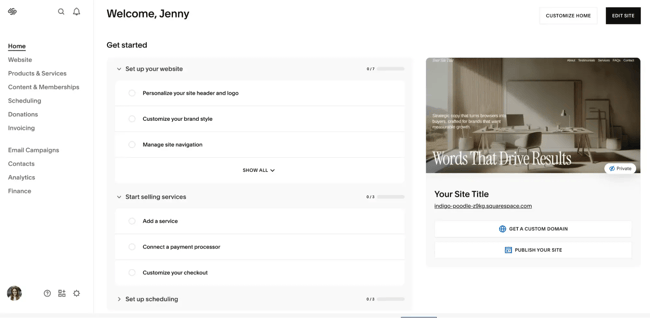 best website builder for aeo — squarespace website builder’s interface