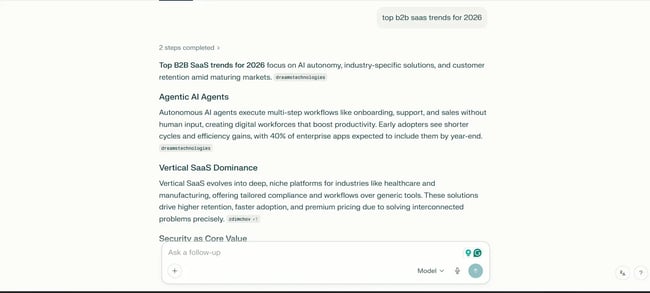 perplexity ai displaying results on b2b saas trends