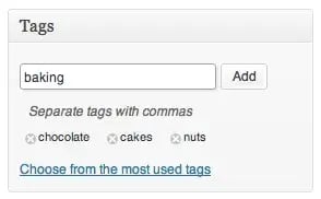 An example of WordPress tags you can choose for your website, such as baking with separate tags for chocolate, cakes, and nuts.