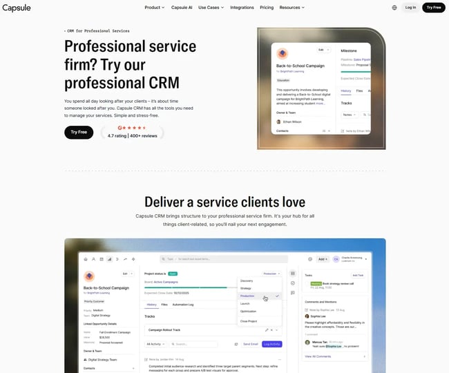 Capsule is one of the best CRMs for marketing and creative agencies. Screenshot from Capsule��s professional service landing page.