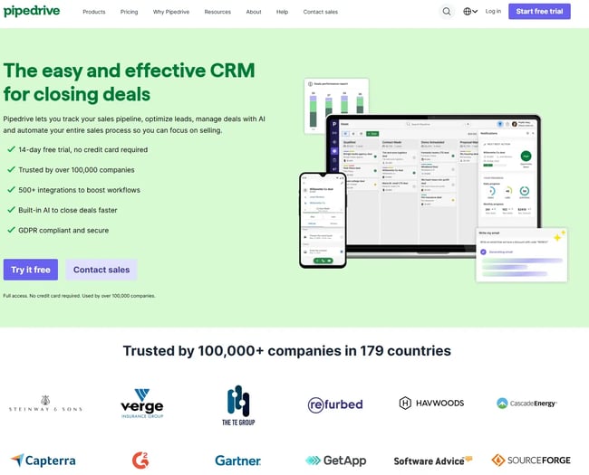 Screenshot from Pipedrive��s homepage; one of the best CRMs for marketing and creative agencies 