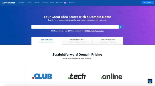 search page for the domain registrar Dreamhost