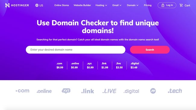 search page for the domain registrar hostinger