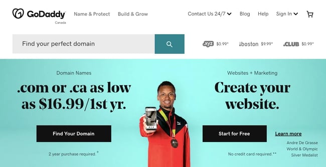 search page for the domain registrar GoDaddy