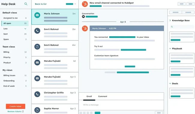 HubSpot Help Desk inbox showing ticket list with multiple conversation channels and status indicators
