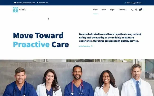 best WordPress health theme: Cliniq features links to services 