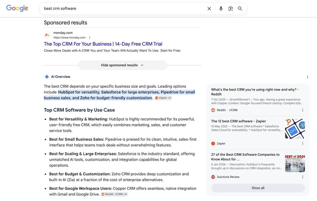 example of data that the best ranking tracking tool can detect when given a specific search like ��best CRM software�� in Google