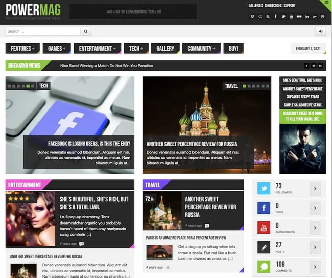 PowerMag theme demo includes review articles in entertainment and travel categories