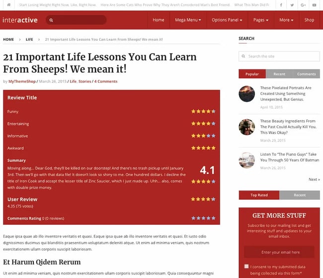 Interactive theme demo shows article review with star rating