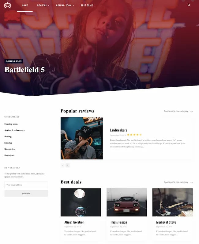 Newspaper theme demo of gaming site with reviews