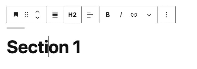 Gutenberg block toolbar for an H2 heading