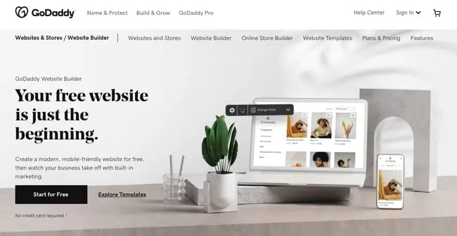 landing page of GoDaddy website builder
