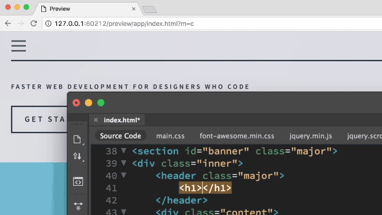 WYSIWYG HTML editor Dreamweaver showing browser preview window alongside HTML source code editor with syntax highlighting for website development