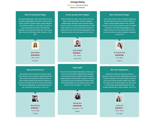 An example of a masonry grid from the Real Testimonials WordPress review plugin