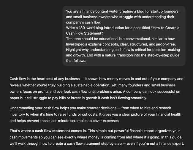 blog intro prompt to ChatGPT, prompt output with GPT