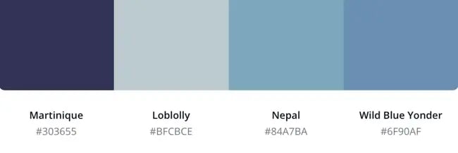 blue website color scheme featuring Martinique, Loblolly, Nepal, and Wild Blue Yonder